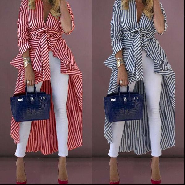

spring autumn blue red striped women shirt long sleeve work office for business, White