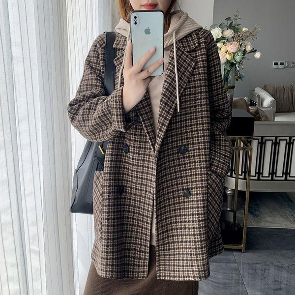 

women's wool & blends [ewq] woolen suit coat female autumn and winter 2021 korean version retro thousand bird lattice medium long, Black