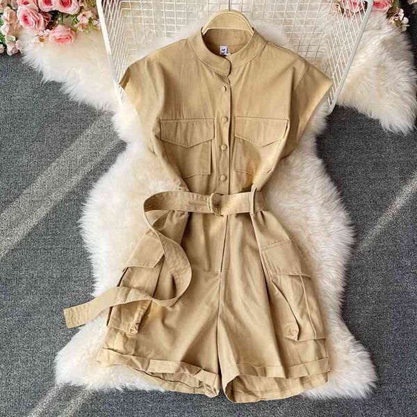 

women's tracksuits korean fashion tooling wind pocket waist design single-breasted trousers skirt loose wide-leg jumpsuit shorts x, Gray