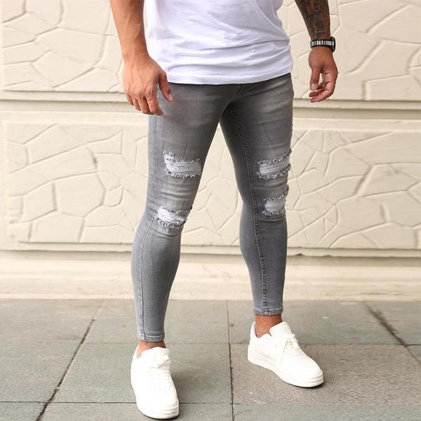 

men's jeans men skinny stretch pencil pants ripped hole distressed full length plus size denim trousers solid grey jogging, Blue