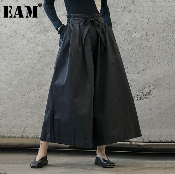 

women's pants & capris [eam] high elastic waist black bow bandage trousers loose fit wide leg women fashion tide spring autumn 2021 1b2, Black;white