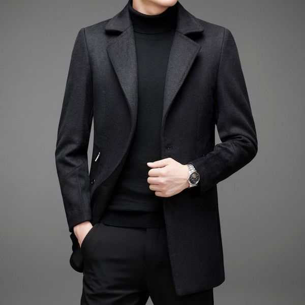 

men's wool & blends business casual jacket pure color mid-length coat, Black
