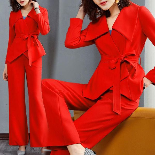 

womens blue red black pant suits sashes jacket coat & pants office 2 pieces ol pantsuit work ladies wide leg trousers suites women's tw, White