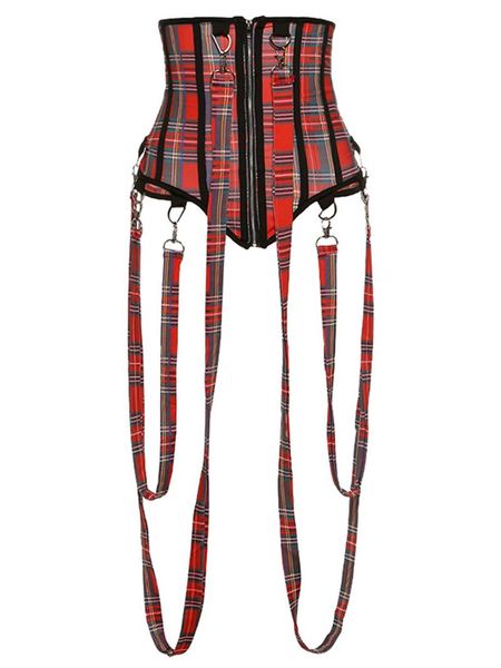 

women asymmetry corset, adults sleeveless camouflage/plaid zip shapewear with strap belts, Black;brown