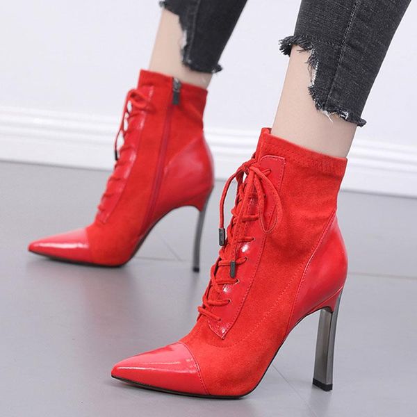

boots autumn women's red ankle lace-up pointed toe high heels 10cm winter shoes woman wedding pumps, Black