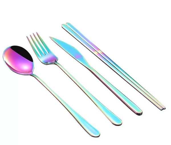 2021 talheres coreanos conjuntos de aço inoxidável cabo longo faca faca garfo colher chopsticks conjunto de talheres coloridos para acessórios de cozinha de casamento