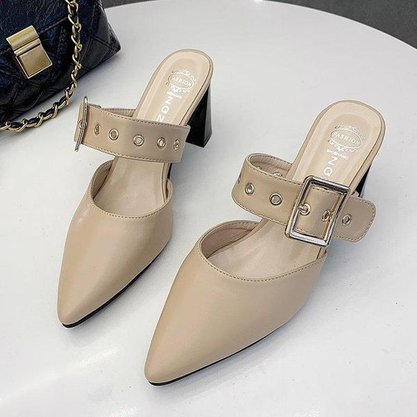 

sandals 2021 arrival women leather pointed toe buckle summer casual shoes woman fashion, Black