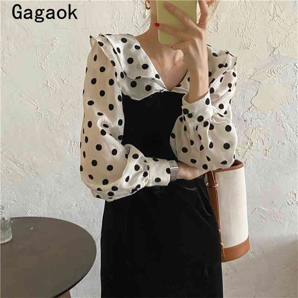 

women fake two dress spring autumn office lady peter pan collar dot mid-calf dresses korean chic sweet vestidos 210531, Black;gray