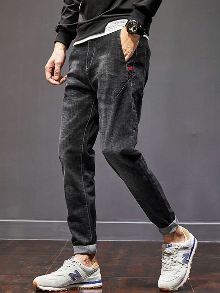 

men's jeans autumn loose elastic black brand small feet high end harlan fashion zmnc, Blue