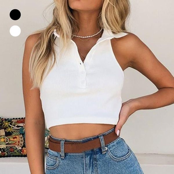 

women's tanks & camis fashion women crop tank woman summer sleeveless solid color v neck backless buttons vest, White