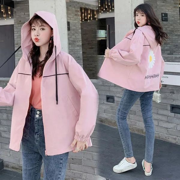 

women's trench coats women short jacket 2021 spring autumn student wild casual print coat loose hooded with lining windbreakers, Tan;black