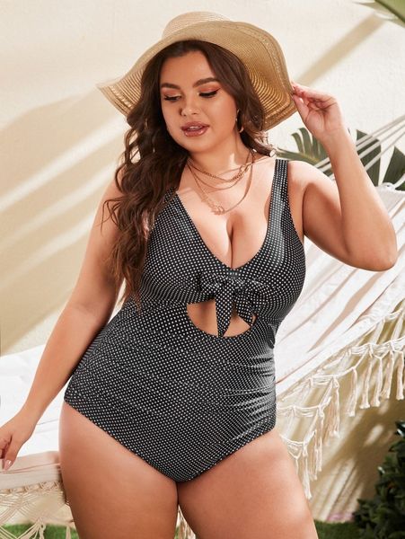 

plus polka dot one piece swimsuit 97kx#, Black