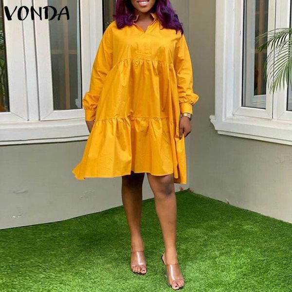 

casual dresses women knee-length dress 2021 vonda summer spring beach sundress loose long sleeve pleated party vestidos oversized, Black;gray