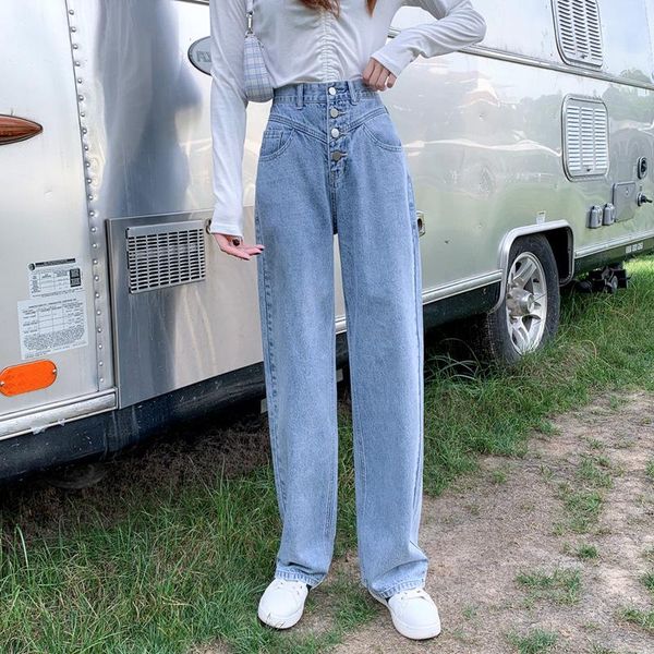 

baggy cargo pants woman straight jeans high waist troiusers slimming tall womens clothes buttons loose wide leg cowbye trousers women's, Blue