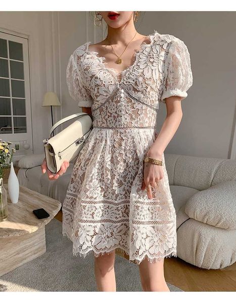 

casual dresses runway v-neck flower embroidery lace self portrait dress celebrity holiday short puff sleeve mini summer zeyu, Black;gray