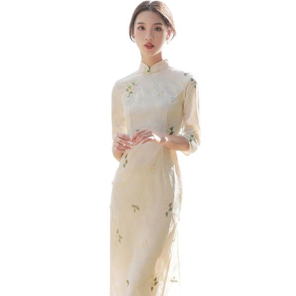 

ethnic clothing 2021 fall cheongsam linen chinese for women hanfu stand collar bodycon dress casual lace qipao plus size party elegant vesti, Red