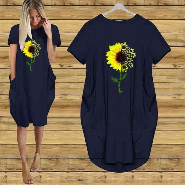 

sunflower print plus size dresses for women ladies oversized short sleeve pocket mini casual loose summer 210520, Black;gray