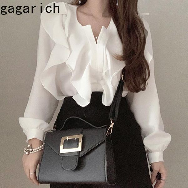 

women's blouses & shirts gagarich women shirt 2021 spring autumn korean chic french elegant temperament double ruffled stitching design, White