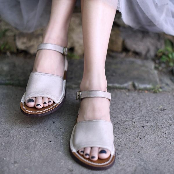 

artmu comfortable simple cowhide flat sole women sandals soft leisure handmade buckle leather shoes 8312, Black