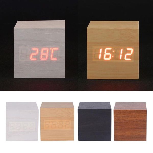 

desk & table clocks simple cube click clock gift alarm-led display wood sound activated home decor