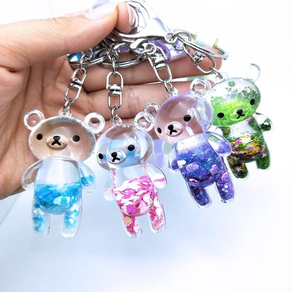

keychains liquid keyring glitter bear quicksand acrylic key fob backpack pendant couples women men boyfriend friend keychain gift, Silver