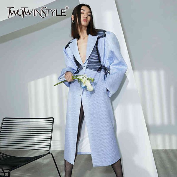 

patchwork mesh serpentine windbreaker for women notched puff sleeve drawstring waist streetwear dress female 210428, Black;gray