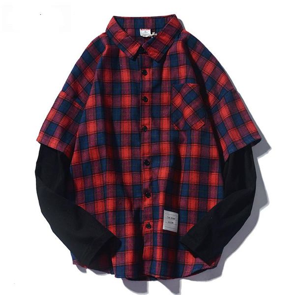 

men's casual shirts plus size plaid cotton men shirt red loose button collar long sleeve korean retro high street clothes mm60ncs, White;black