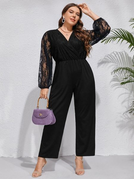 

plus contrast lace lantern sleeve jumpsuit 20wk#, Black
