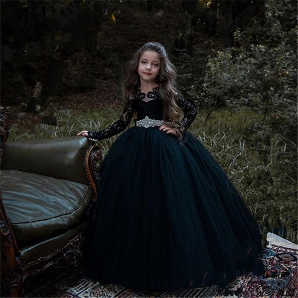 Abiti da ragazza Maniche lunghe Fiore nero Applique da sposa Gioiello Fascia in cristallo Fiocco grande Abiti da cerimonia per bambini carini Abito da ballo lungo fino al pavimento