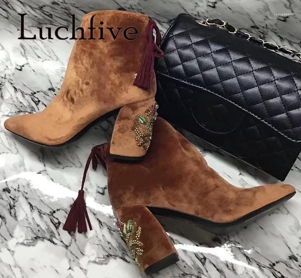 

boots luxury flower beading heel ankle real suede leather designer brand shoes women1, Black