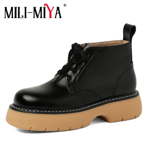 

boots mili-miya autumn women retro female cow genuine leather block heels lace up motorcycle ankle fashion round toe wild shoes, Black
