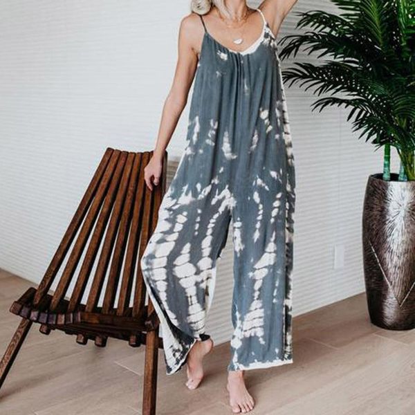 

women's jumpsuits & rompers summer print jumpsuit casual overalls for women fashion sling slim waist wide leg long pants body mujer, Black;white