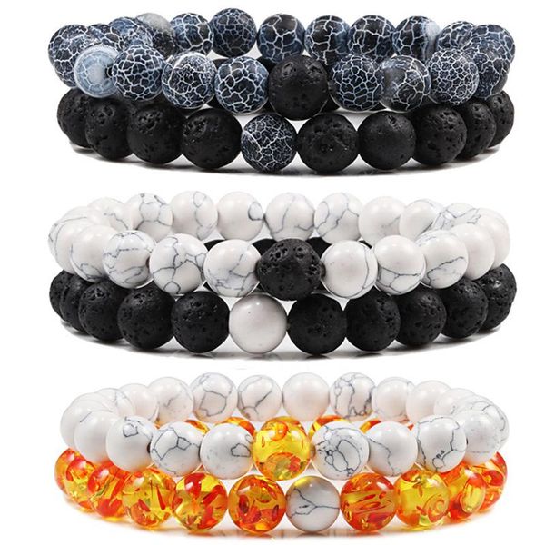 

charm bracelets set bracelet couples distance black white natural lava stone tiger eye beaded for men women elastic rope jewelry, Golden;silver