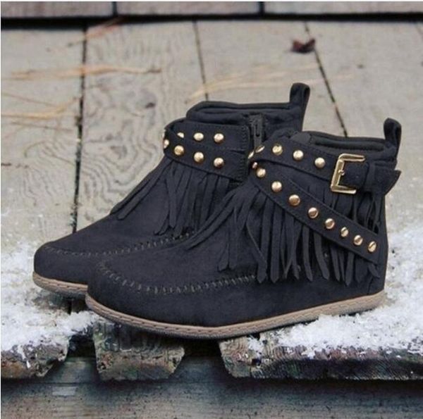 

boots fashion thick high heels women ankle boot tassel woman shoes lady short plush autumn footwear big size hube, Black