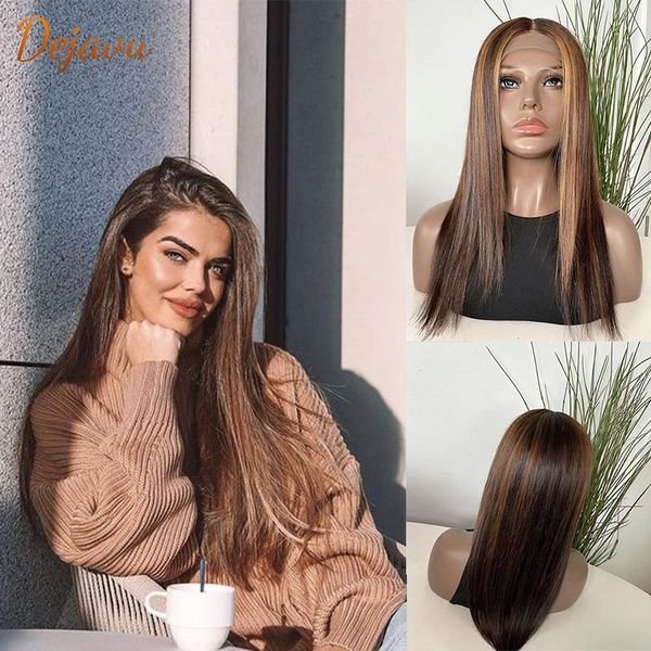 

lace wigs dejavu human hair wig straight front pre plucked brazilian p4/27 colored body 13x4x1, Black;brown