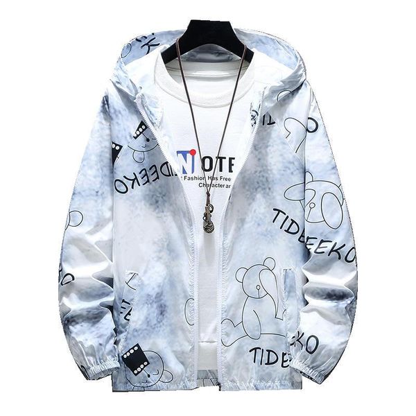 

men's jackets young men students thin summer casual cartoon print jacket outwear sunscreen windbreaker hooded coat sun protection cloth, Black;brown