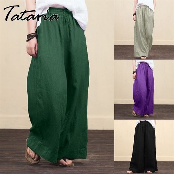 

women solid cotton linen wide leg pants harajuku casual high waist big flare loose pocket trousers summer long pantalon 4xl 5xl 210514, Black;white
