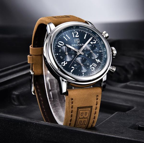 

wristwatches benyar business military men's sports multifunctional quartz chronograph leather strap stainless steel case 30m waterproof, Slivery;brown