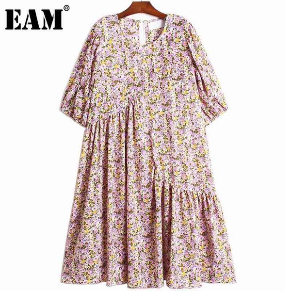 

[eam] women asymmetrical printed pleated big size dress round neck puff half sleeve fashion spring summer 1dd8595 210512, Black;gray