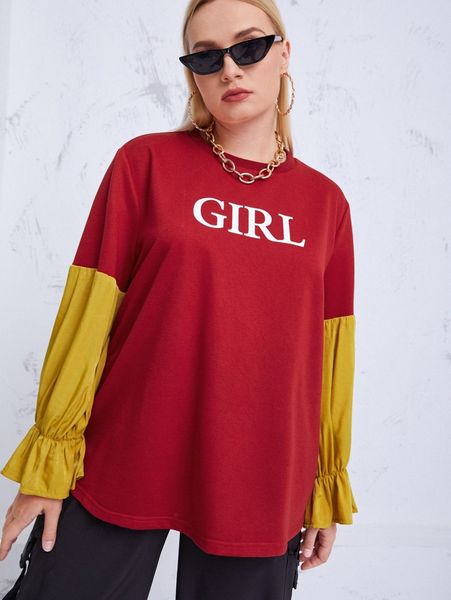 

plus color-block flounce sleeve letter graphic sweatshirt l9fz#, Black