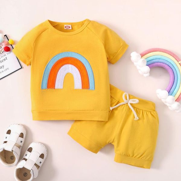 

toddler kids baby girls summer rainbow t shirt +solid shorts outfits set children's sets clothing, White