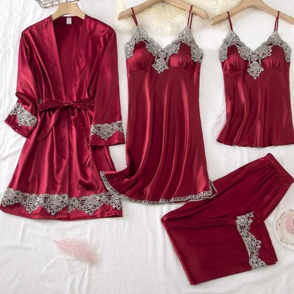 

women's sleepwear pj's sets women outfits 5pcs pajamas suit satin nightwear pyjamas intimate lingerie lace home clothes kimon, Black;red