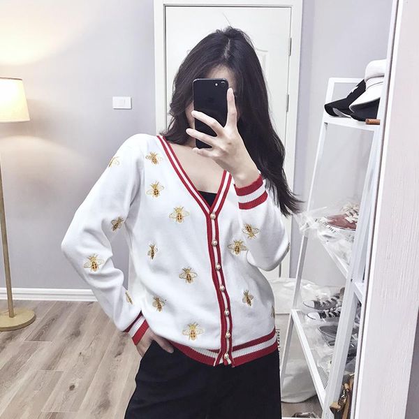 

women's knits & tees hgte fashion designer bee embroidery cardigan long sleeve single breasted contrast color button knitted sw, White