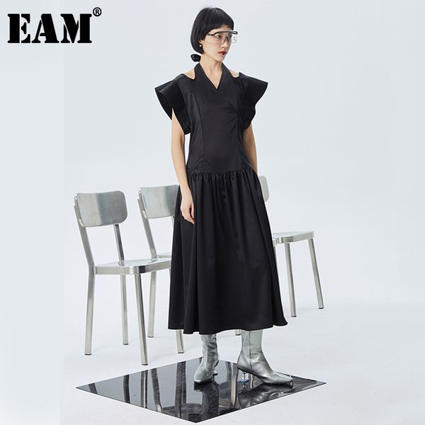 

[eam] women black pleated split bandage long dress v-neck short sleeve loose fit fashion spring summer 1s984 210512, Black;gray