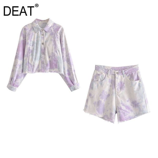 

[deat] spring summer fashion printing tie dye turn-down collar coat denim shorts women two-piece suit 13c864 210527, White