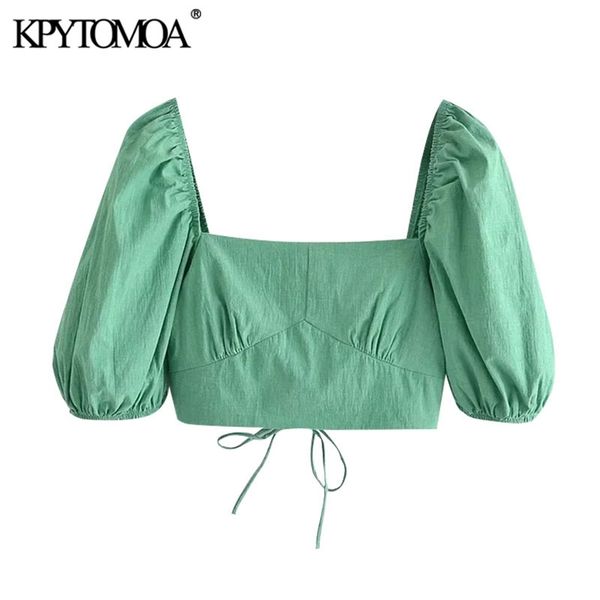 

women fashion with elastic trims cropped blouses short sleeve back cross straps female shirts chic 210420, White