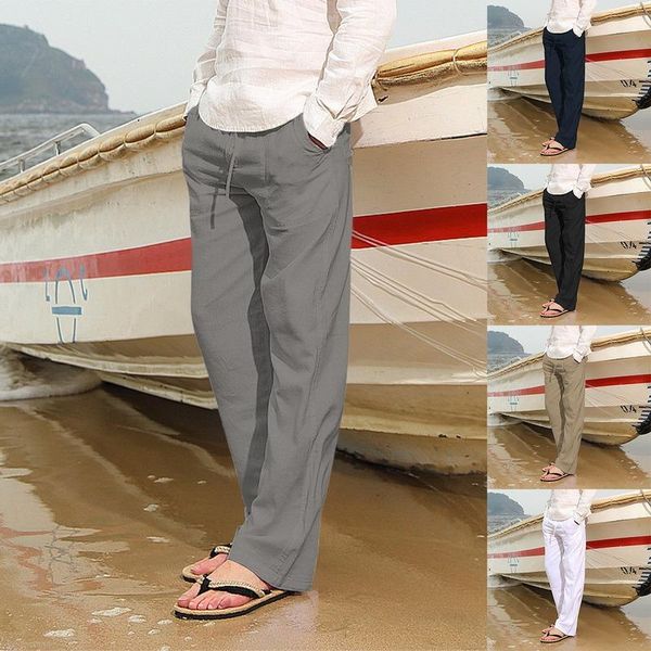 

men's pants men casual cotton linen loose long pant wed leg solid color autumn summer plus size trousers, Black