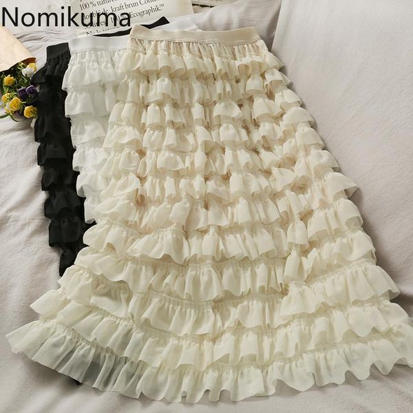 

skirts nomikuma korean style high waist skirt women ruffle unicolor a line midi female fashion elegant bottoms faldas mujer, Black