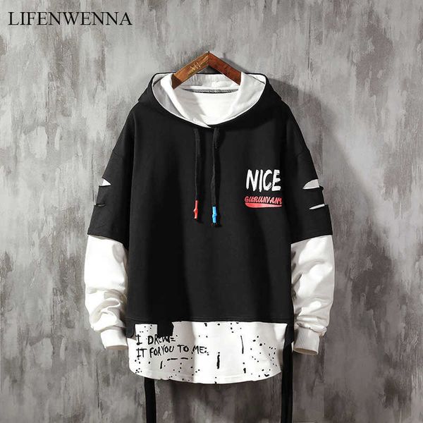 

lifenwenna men broken hoodies autumn male fashion hoodies men's sweatshirts solid color splice hoodies street style 210528, Black