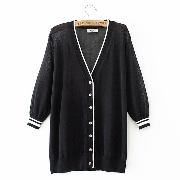 

plus size t-shirt women's korean fashion cardigan summer thin casual v neck 3/4 sleeve female black/ white knit coat bluzki 4xl